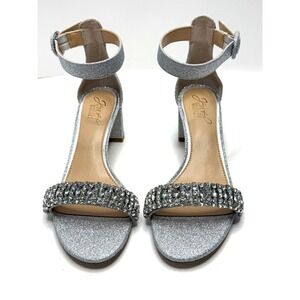 Jewel Badgley Mischka James Block Heel Evening Sandals Silver Glitter Size 6 NWT